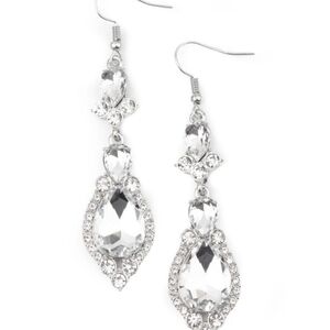 Fully Flauntable White Earrings Rhinestone Paparazzi Teardrop Crystal Fashion